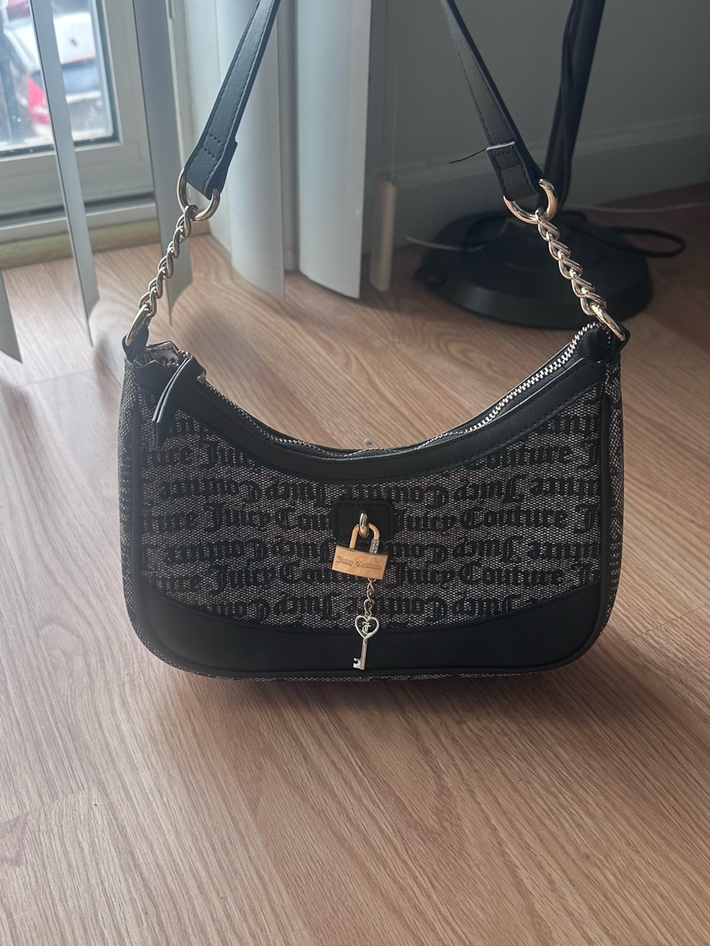 Juicy Couture Black Logo Jacquard Shoulder Bag with Gold Lock Charm